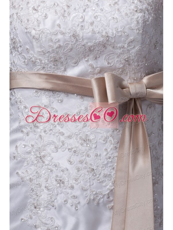 Lace Sash Strapless Mermaid Court Train Wedding Dress