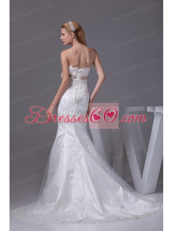 Lace Sash Strapless Mermaid Court Train Wedding Dress