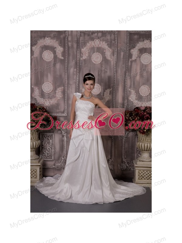 Luxurious One Shoulder Court Train Wedding Dress with Half Bow Accents