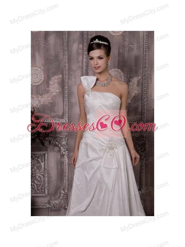 Luxurious One Shoulder Court Train Wedding Dress with Half Bow Accents