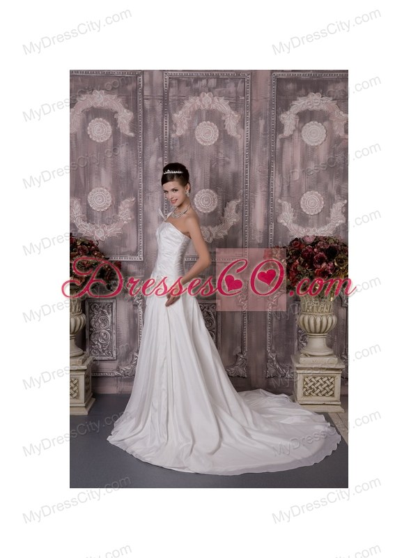 Luxurious One Shoulder Court Train Wedding Dress with Half Bow Accents