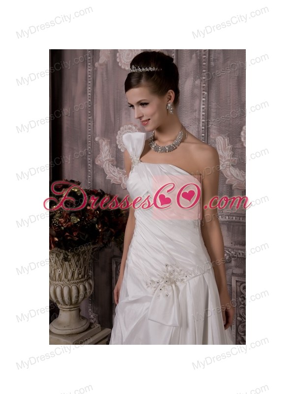 Luxurious One Shoulder Court Train Wedding Dress with Half Bow Accents