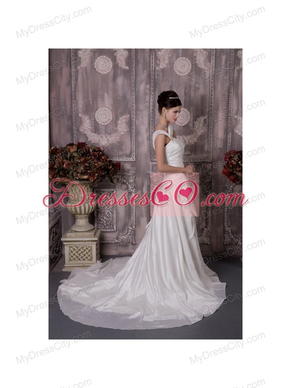 Luxurious One Shoulder Court Train Wedding Dress with Half Bow Accents