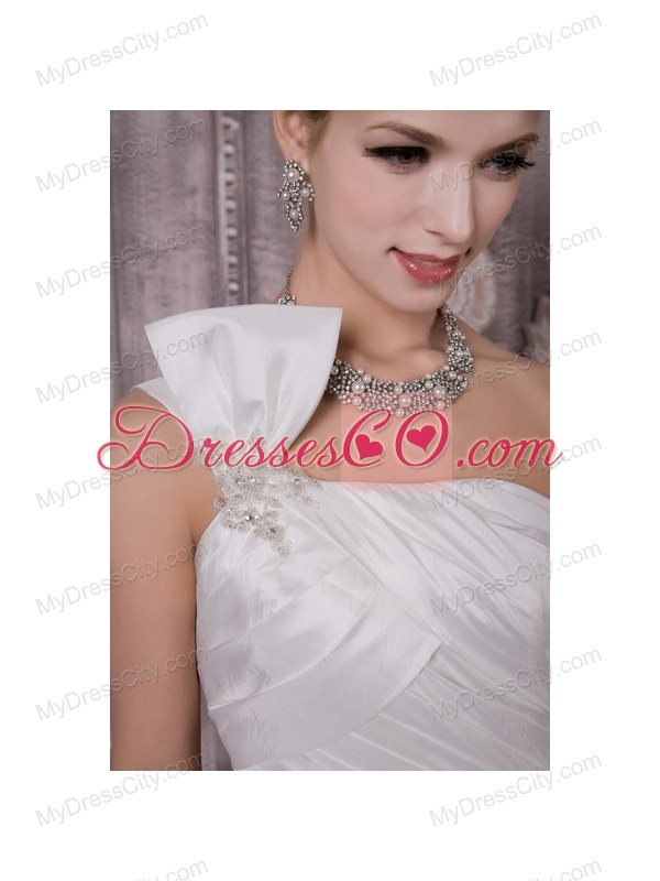 Luxurious One Shoulder Court Train Wedding Dress with Half Bow Accents