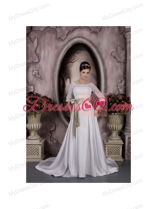 Bateau Neckline 3 4 Lace Sleeves White Wedding Dress with Olive Bow Sash