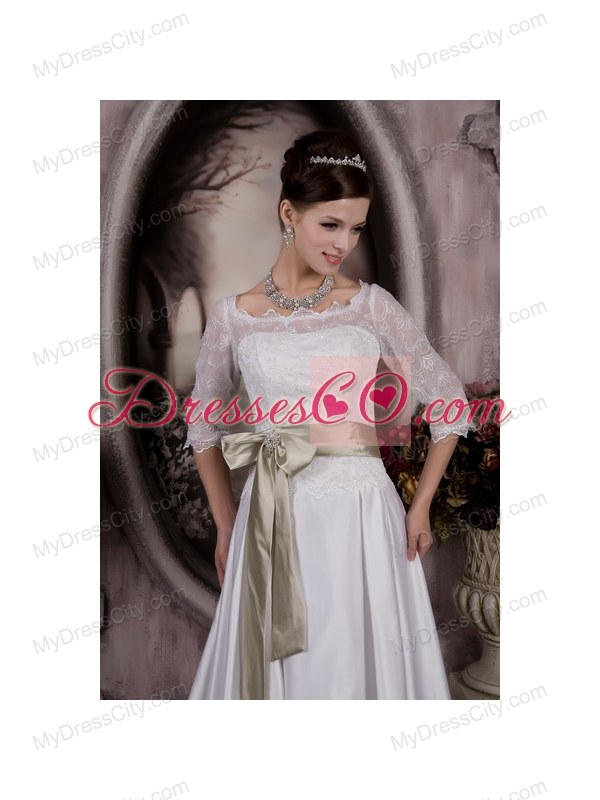 Bateau Neckline 3 4 Lace Sleeves White Wedding Dress with Olive Bow Sash