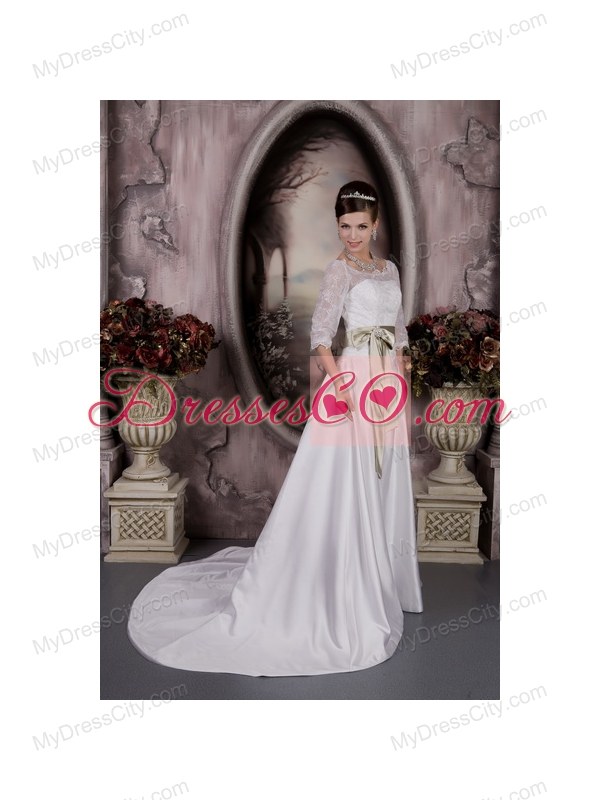 Bateau Neckline 3 4 Lace Sleeves White Wedding Dress with Olive Bow Sash