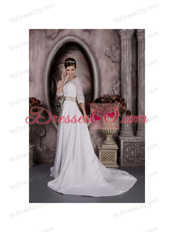 Bateau Neckline 3 4 Lace Sleeves White Wedding Dress with Olive Bow Sash