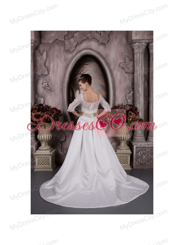 Bateau Neckline 3 4 Lace Sleeves White Wedding Dress with Olive Bow Sash