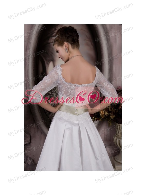 Bateau Neckline 3 4 Lace Sleeves White Wedding Dress with Olive Bow Sash