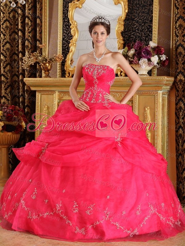 Coral Red Ball Gown Strapless Floor-length Organza Appliques Quinceanera Dress