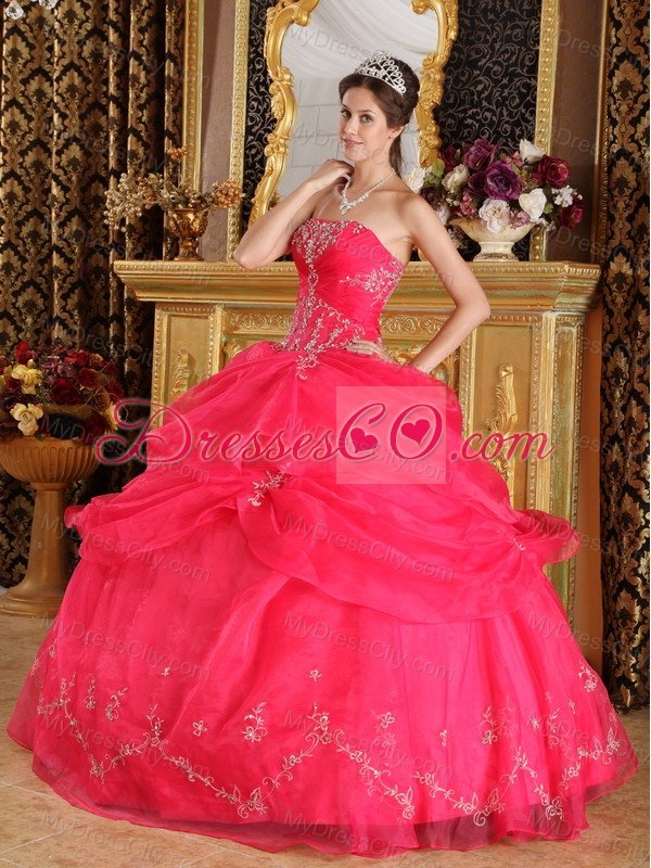 Coral Red Ball Gown Strapless Floor-length Organza Appliques Quinceanera Dress