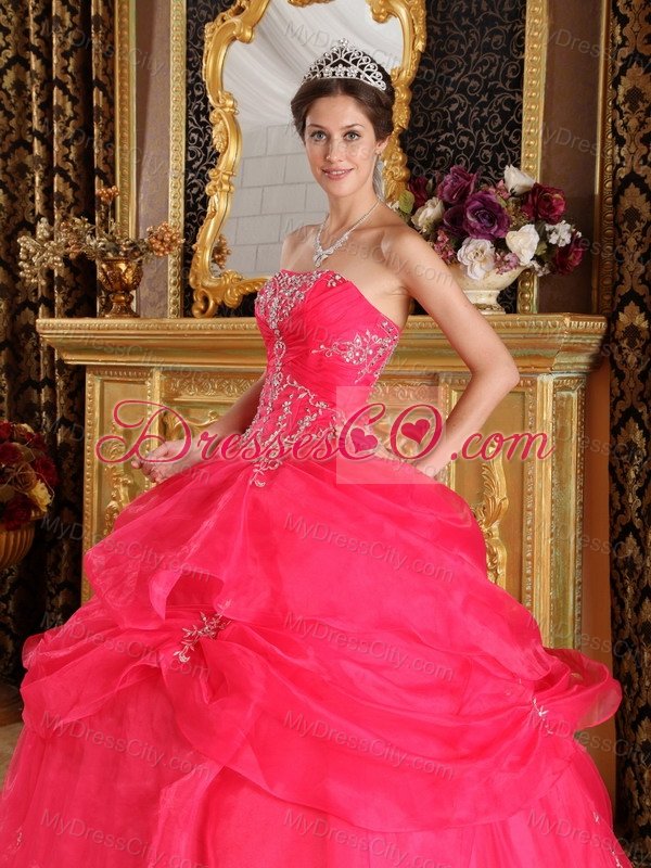 Coral Red Ball Gown Strapless Floor-length Organza Appliques Quinceanera Dress