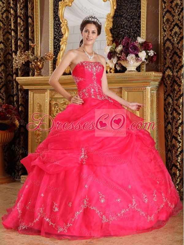 Coral Red Ball Gown Strapless Floor-length Organza Appliques Quinceanera Dress