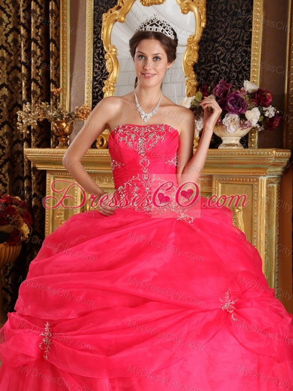 Coral Red Ball Gown Strapless Floor-length Organza Appliques Quinceanera Dress