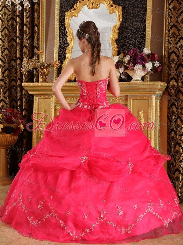 Coral Red Ball Gown Strapless Floor-length Organza Appliques Quinceanera Dress