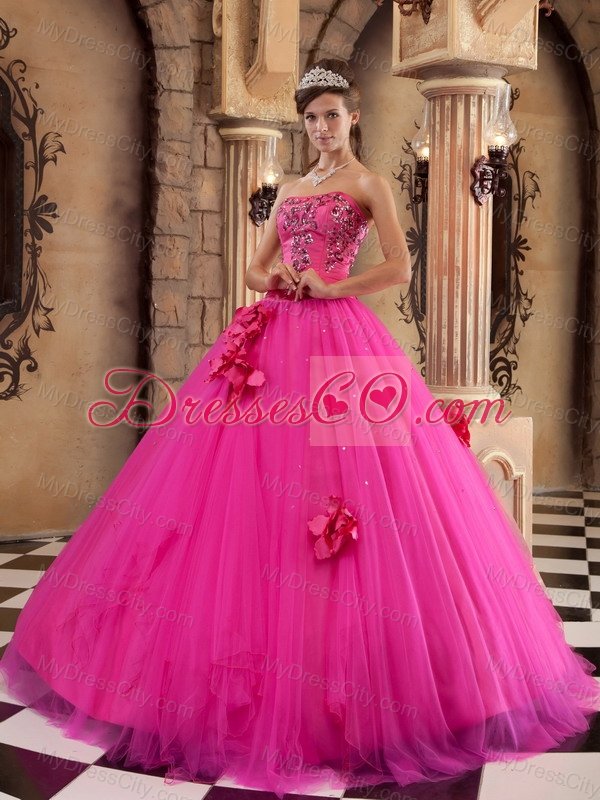 Hot Pink Ball Gown Strapless Floor-length Satin and Tulle Beading Quinceanera Dress