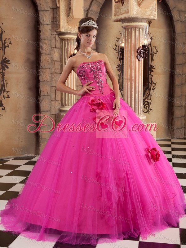 Hot Pink Ball Gown Strapless Floor-length Satin and Tulle Beading Quinceanera Dress