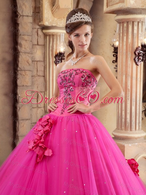 Hot Pink Ball Gown Strapless Floor-length Satin and Tulle Beading Quinceanera Dress