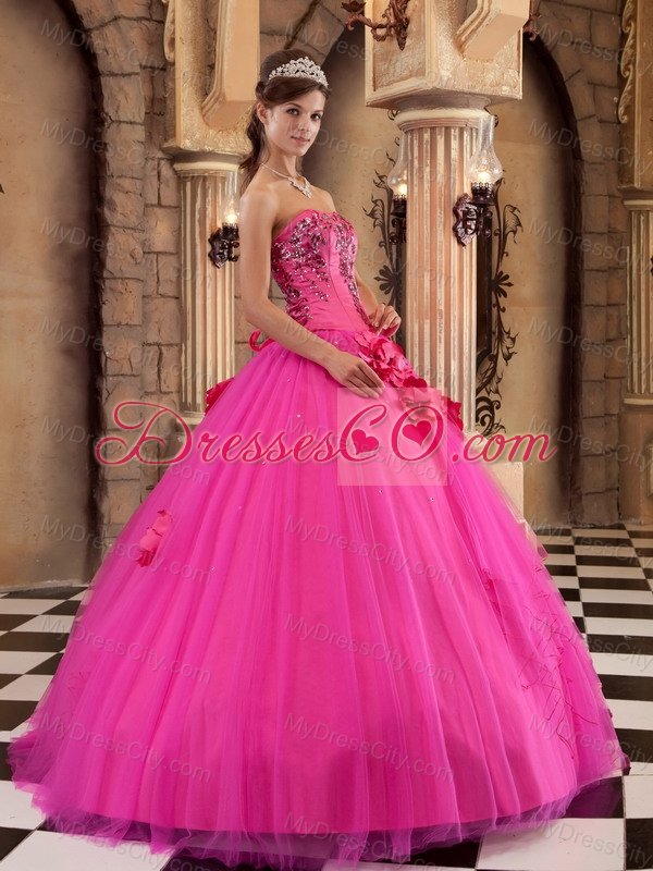 Hot Pink Ball Gown Strapless Floor-length Satin and Tulle Beading Quinceanera Dress