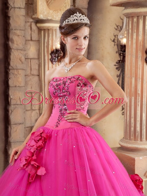 Hot Pink Ball Gown Strapless Floor-length Satin and Tulle Beading Quinceanera Dress