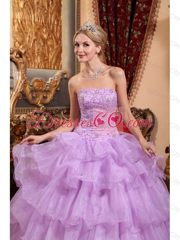 Lavender Ball Gown Strapless Floor-length Organza Beading Quinceanera Dress