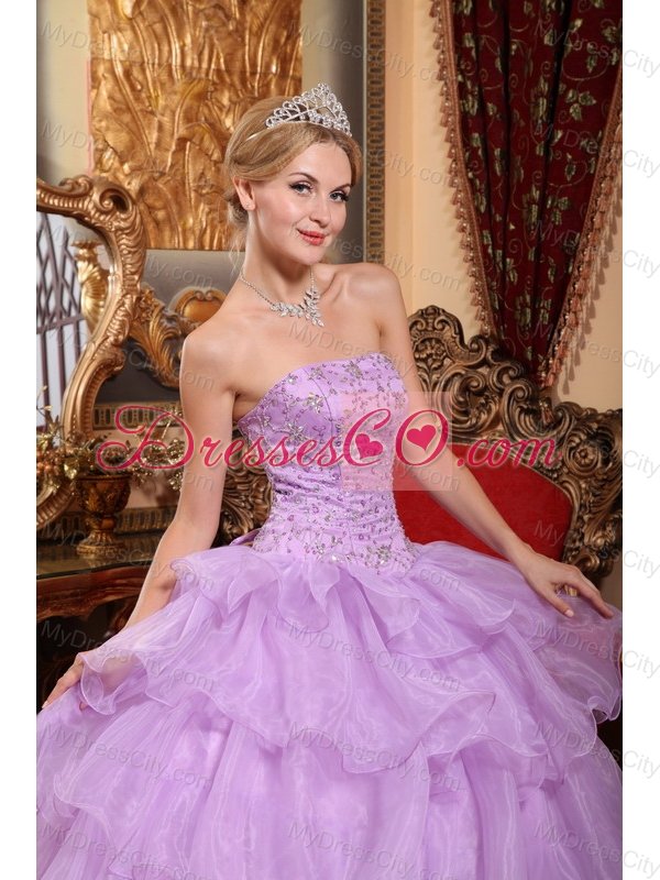 Lavender Ball Gown Strapless Floor-length Organza Beading Quinceanera Dress