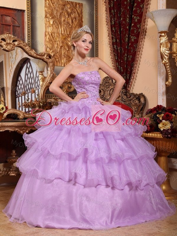 Lavender Ball Gown Strapless Floor-length Organza Beading Quinceanera Dress