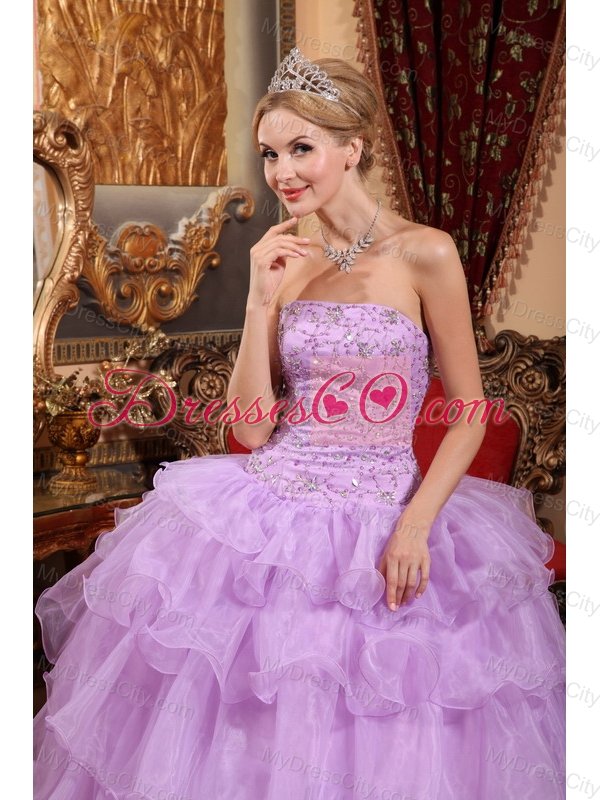 Lavender Ball Gown Strapless Floor-length Organza Beading Quinceanera Dress