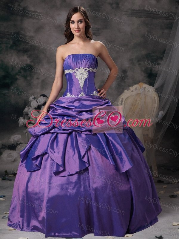 Lavender Ball Gown Strapless Floor-length Taffeta Appliques Quinceanera Dress