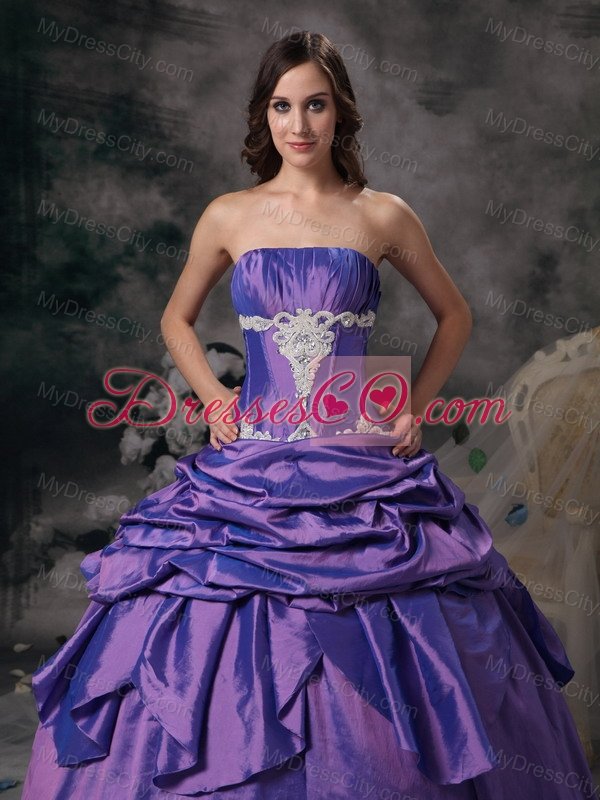 Lavender Ball Gown Strapless Floor-length Taffeta Appliques Quinceanera Dress