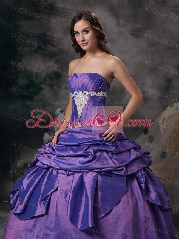 Lavender Ball Gown Strapless Floor-length Taffeta Appliques Quinceanera Dress