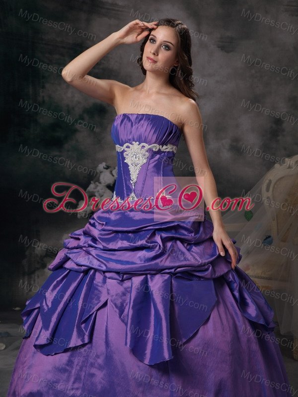 Lavender Ball Gown Strapless Floor-length Taffeta Appliques Quinceanera Dress