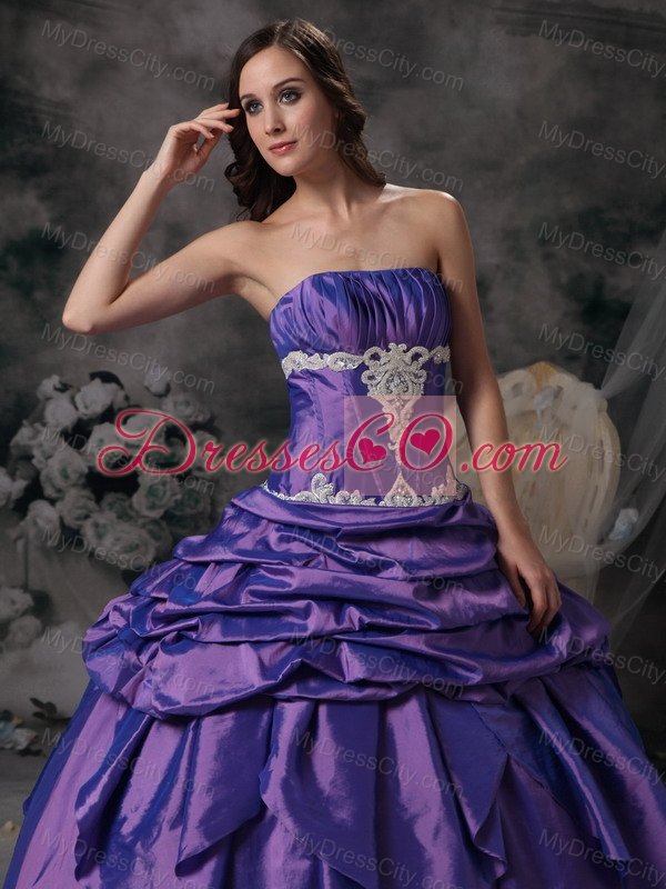 Lavender Ball Gown Strapless Floor-length Taffeta Appliques Quinceanera Dress