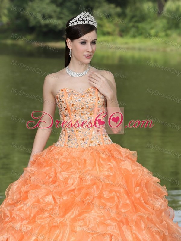 Orange Quinceanera Dress Clearance With Sweetheart Beaded Ruffles Layered Decorate Organza