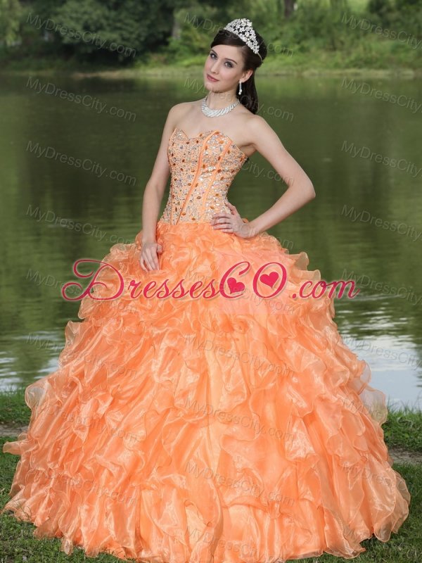 Orange Quinceanera Dress Clearance With Sweetheart Beaded Ruffles Layered Decorate Organza