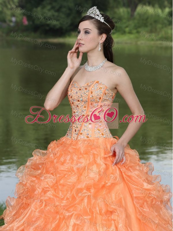 Orange Quinceanera Dress Clearance With Sweetheart Beaded Ruffles Layered Decorate Organza