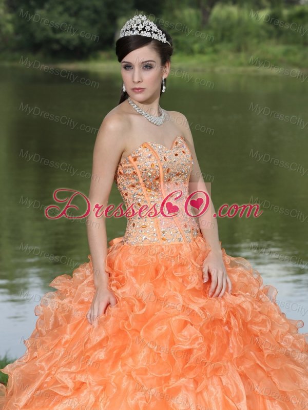 Orange Quinceanera Dress Clearance With Sweetheart Beaded Ruffles Layered Decorate Organza