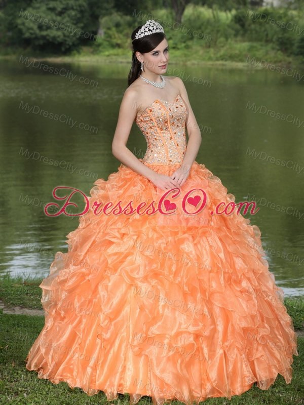 Orange Quinceanera Dress Clearance With Sweetheart Beaded Ruffles Layered Decorate Organza