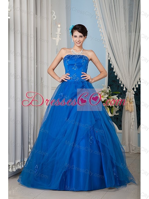 Royal Blue A-line / Princess Strapless Floor-length Tulle Beading Quinceanera Dress