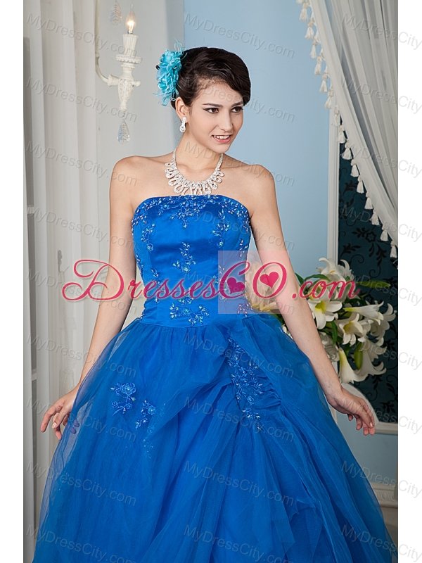 Royal Blue A-line / Princess Strapless Floor-length Tulle Beading Quinceanera Dress