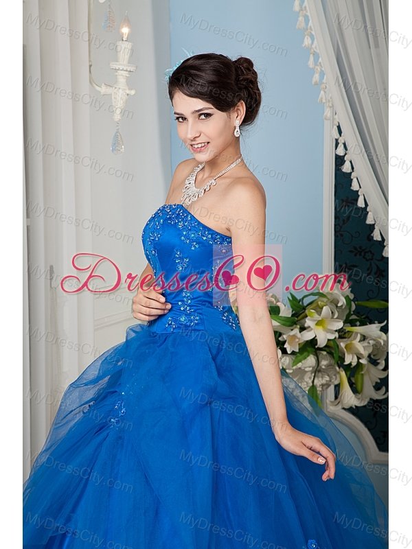 Royal Blue A-line / Princess Strapless Floor-length Tulle Beading Quinceanera Dress