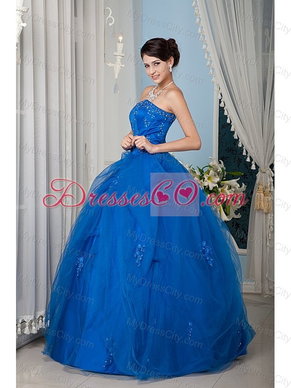 Royal Blue A-line / Princess Strapless Floor-length Tulle Beading Quinceanera Dress