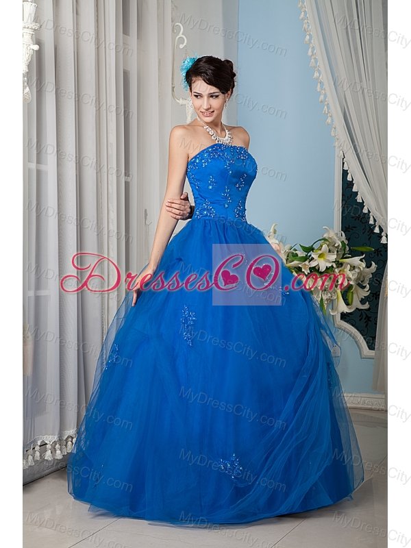 Royal Blue A-line / Princess Strapless Floor-length Tulle Beading Quinceanera Dress