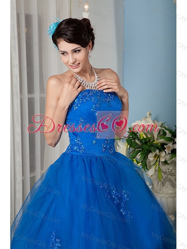 Royal Blue A-line / Princess Strapless Floor-length Tulle Beading Quinceanera Dress