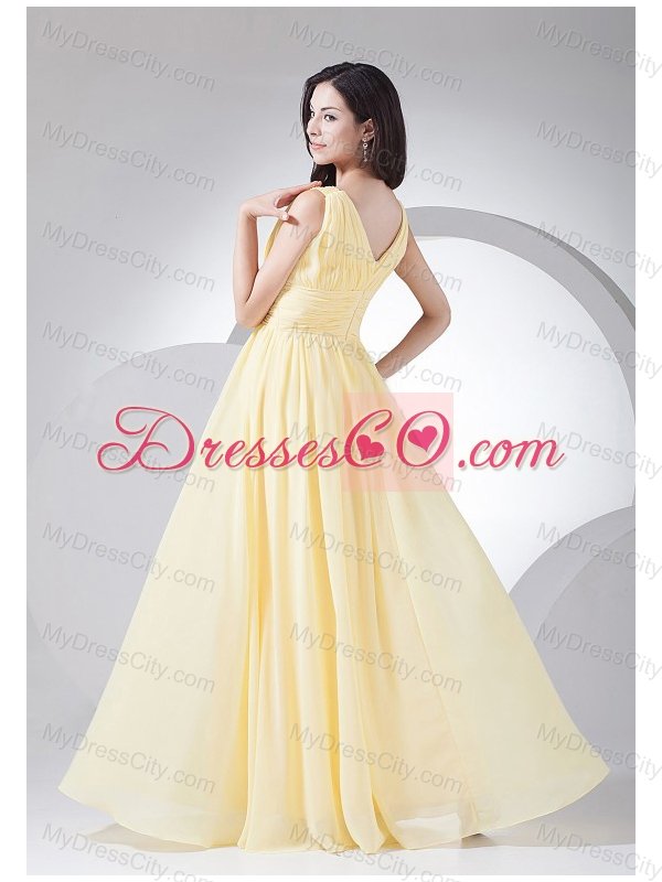 Ruching Decorate Bodice Light Yellow Chiffon V-neck 2013 Prom Dress Floor-length