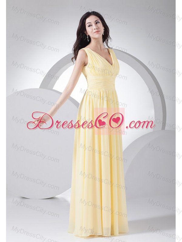 Ruching Decorate Bodice Light Yellow Chiffon V-neck 2013 Prom Dress Floor-length