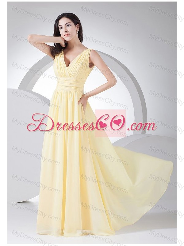 Ruching Decorate Bodice Light Yellow Chiffon V-neck 2013 Prom Dress Floor-length