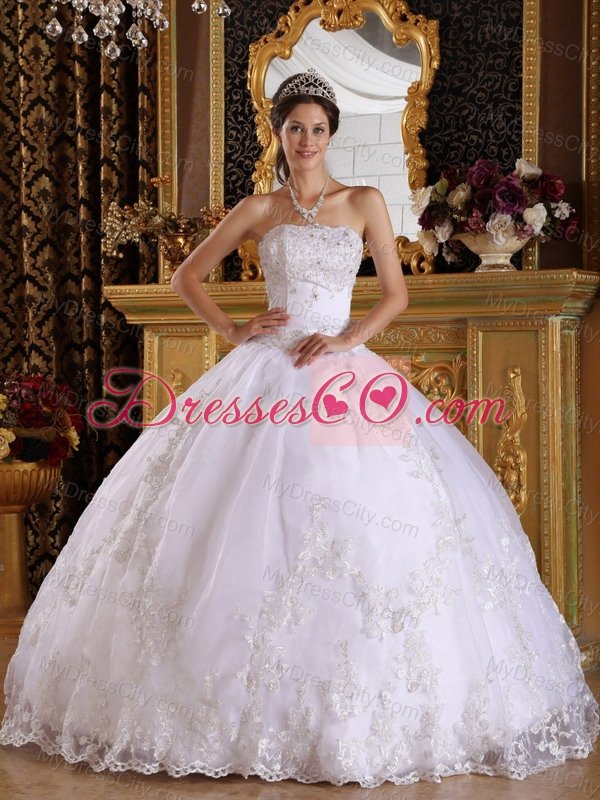 White Ball Gown Strapless Floor-length Embroidery with Beading White Quinceanera Dress