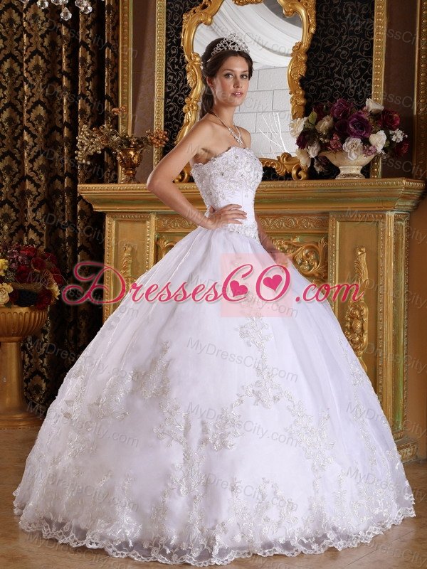 White Ball Gown Strapless Floor-length Embroidery with Beading White Quinceanera Dress